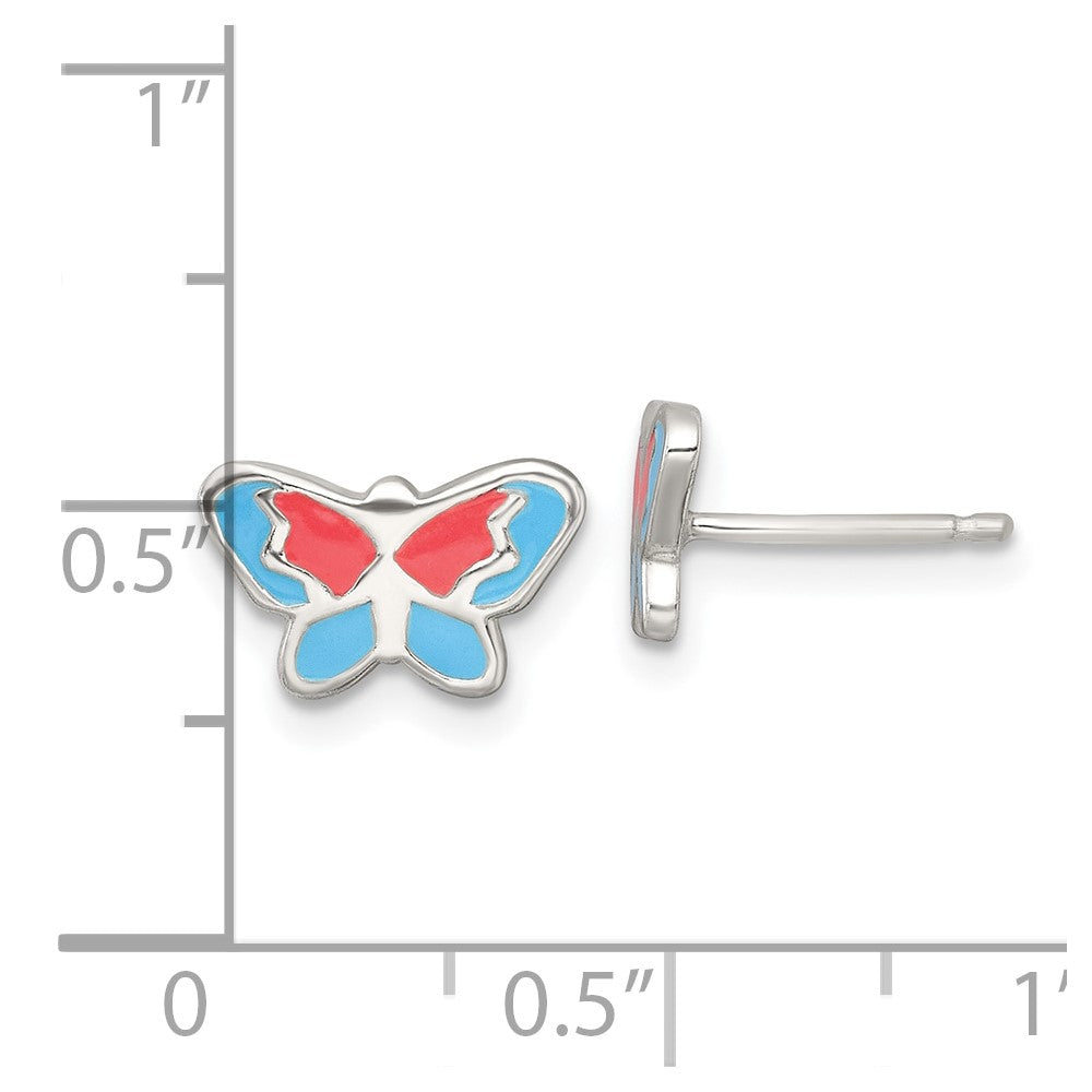 QE18262 Sterling Silver Polished Orange and Blue Enameled Butterfly Childrens Post Earrings