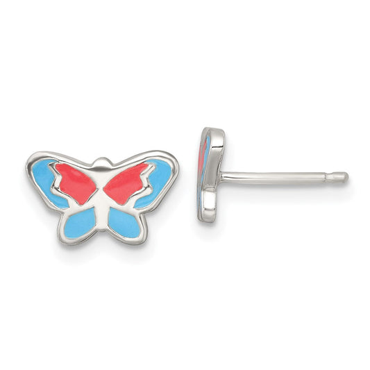 QE18262 Sterling Silver Polished Orange and Blue Enameled Butterfly Childrens Post Earrings