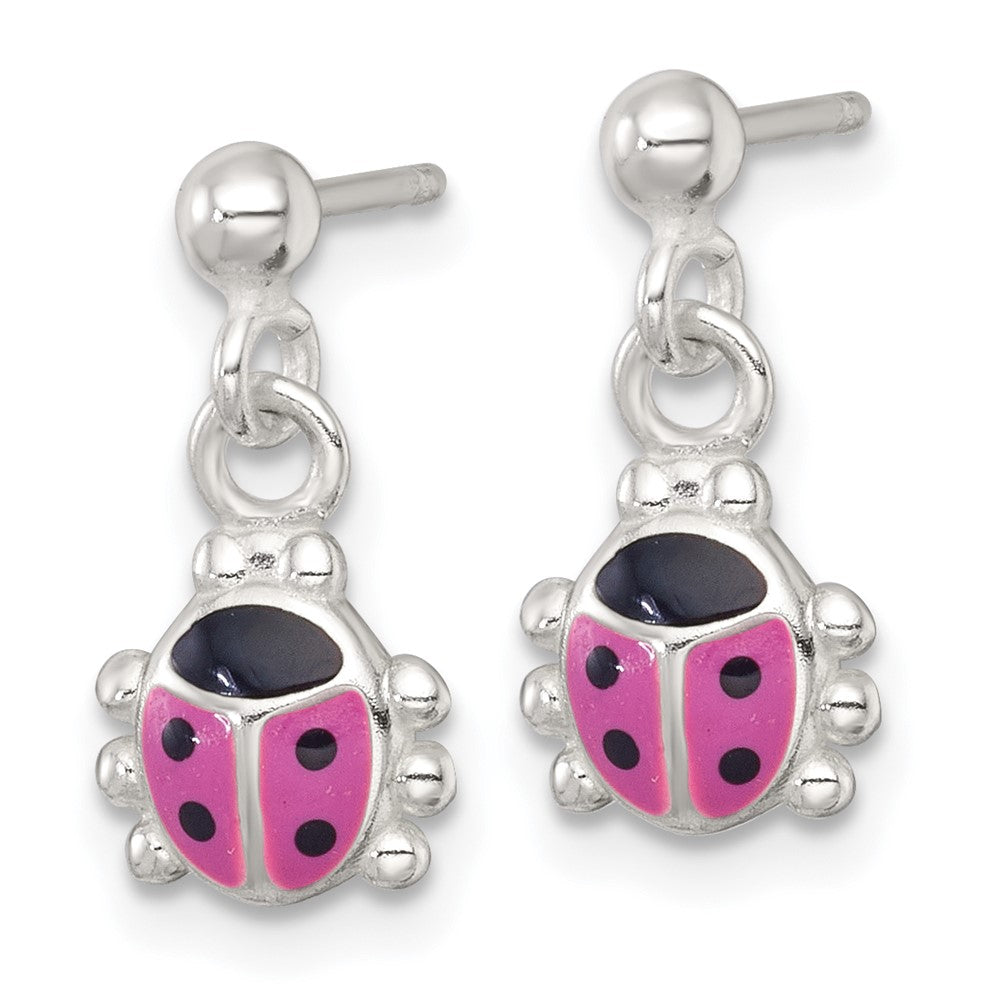 QE18271 Sterling Silver Polished Pink and Black Enameled Ladybug Dangle Childrens Post Earrings