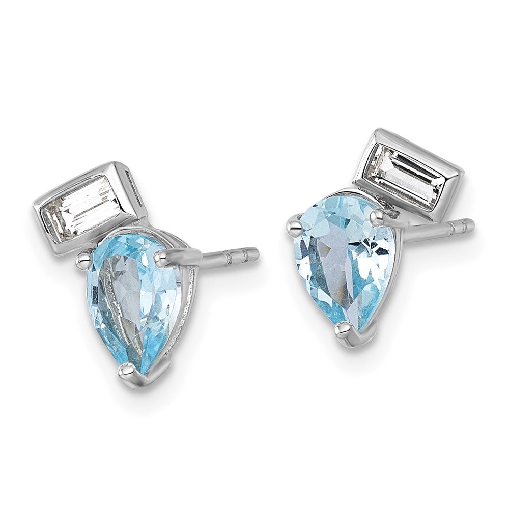 QE18317BT Sterling Silver Rhodium-plated Polished Pear Sky Blue and Emerald-cut White Topaz Post Earrings