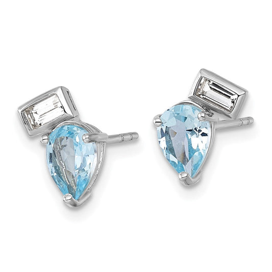 QE18317BT Sterling Silver Rhodium-plated Polished Pear Sky Blue and Emerald-cut White Topaz Post Earrings