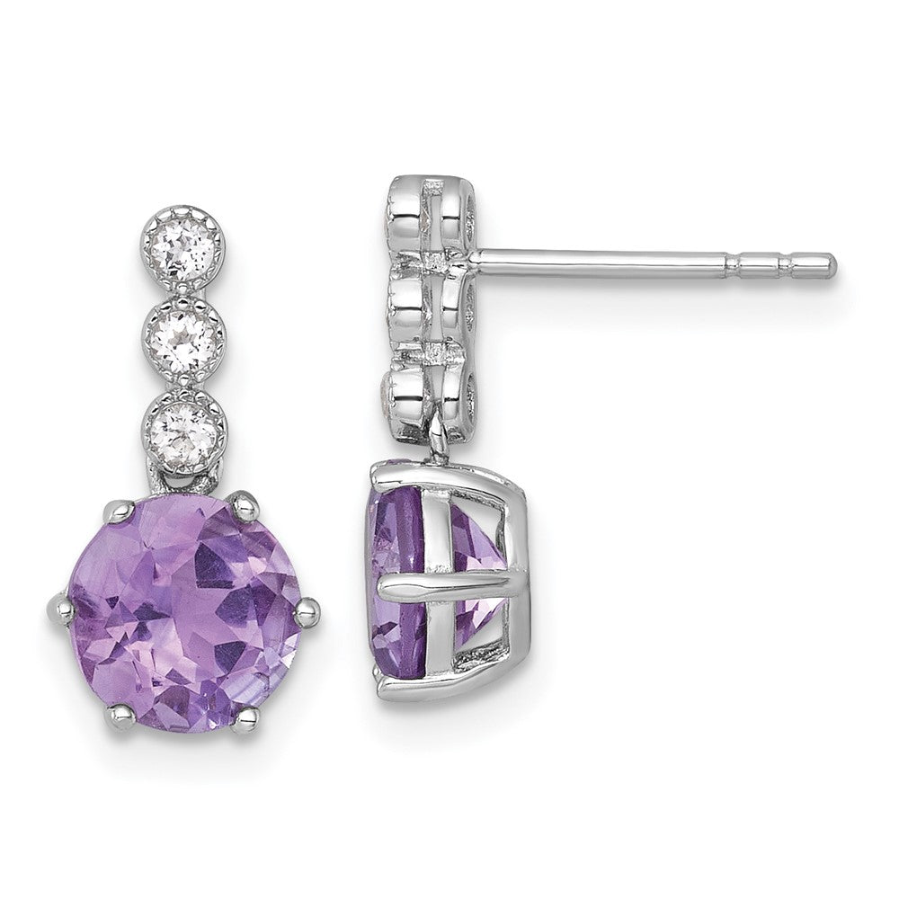 QE18319AM Sterling Silver Rhodium-plated Polished and Beaded Round Amethyst and White Topaz Dangle Post Earrings