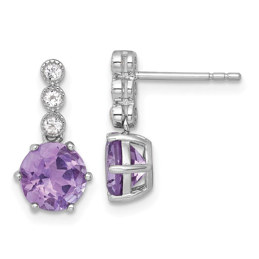 QE18319AM Sterling Silver Rhodium-plated Polished and Beaded Round Amethyst and White Topaz Dangle Post Earrings