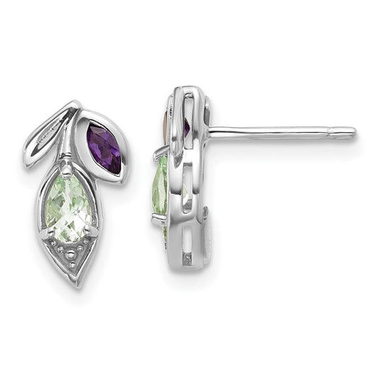 QE18322AG_AM Sterling Silver Rhodium-plated Polished Amethyst and Green Quartz Leaf Post Earrings