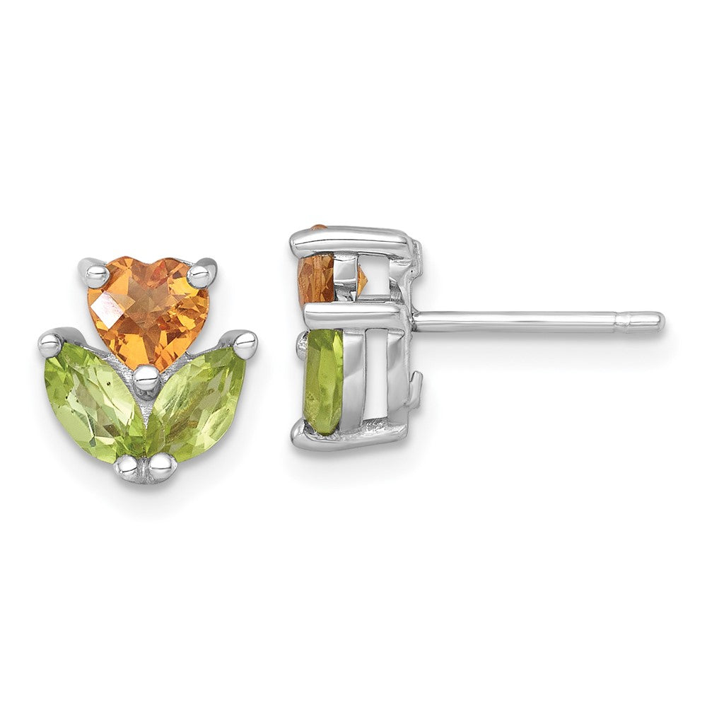 QE18324CI_PE Sterling Silver Rhodium-plated Polished Heart Citrine and Peridot Flower Post Earrings