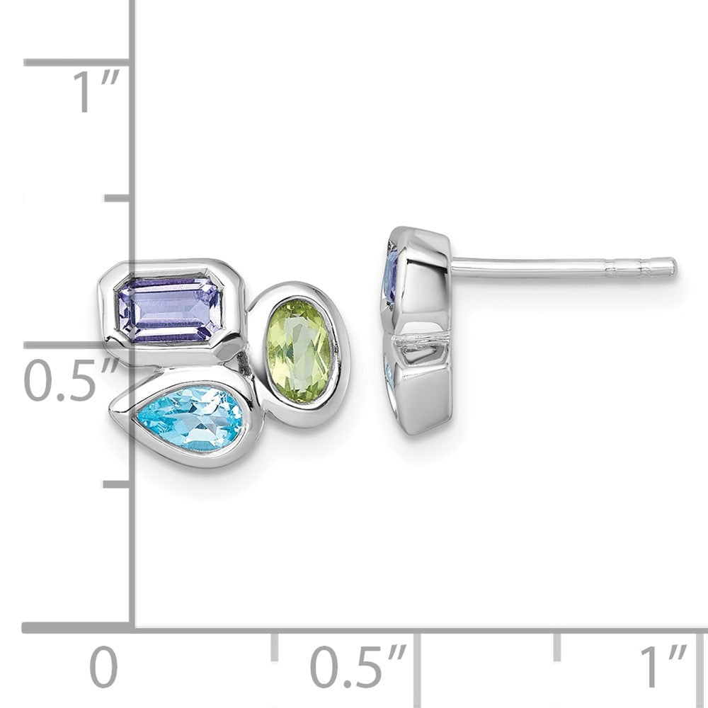 QE18327RB Sterling Silver Rhodium-plated Polished Pear Blue Topaz, Oval Peridot and Emerald-cut Amethyst Post Earrings