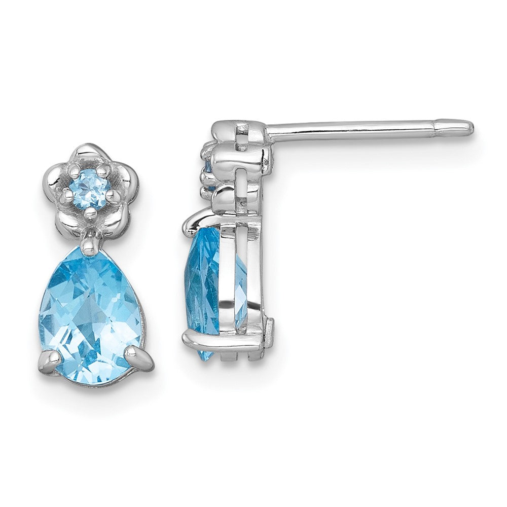 QE18331BT Sterling Silver Rhodium-plated Polished Light Swiss Blue Topaz Teardrop and Flower Post Earrings