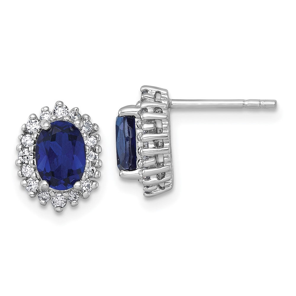 QE18334CSA Sterling Silver Rhodium-plated Polished Lab Created Sapphire and CZ Oval Halo Post Earrings
