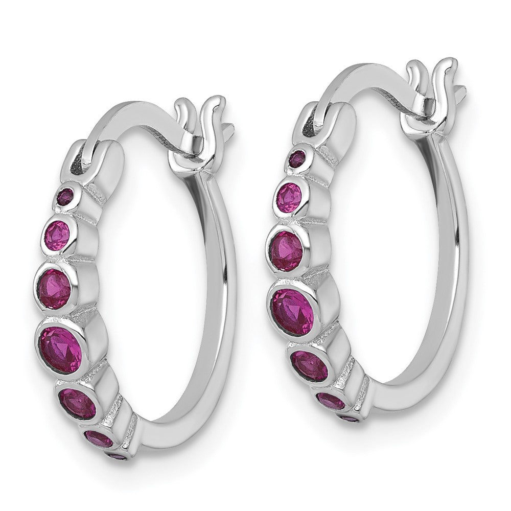 QE18335CRU Sterling Silver Rhodium-plated Graduated Red Lab Created Ruby Hoop Earrings
