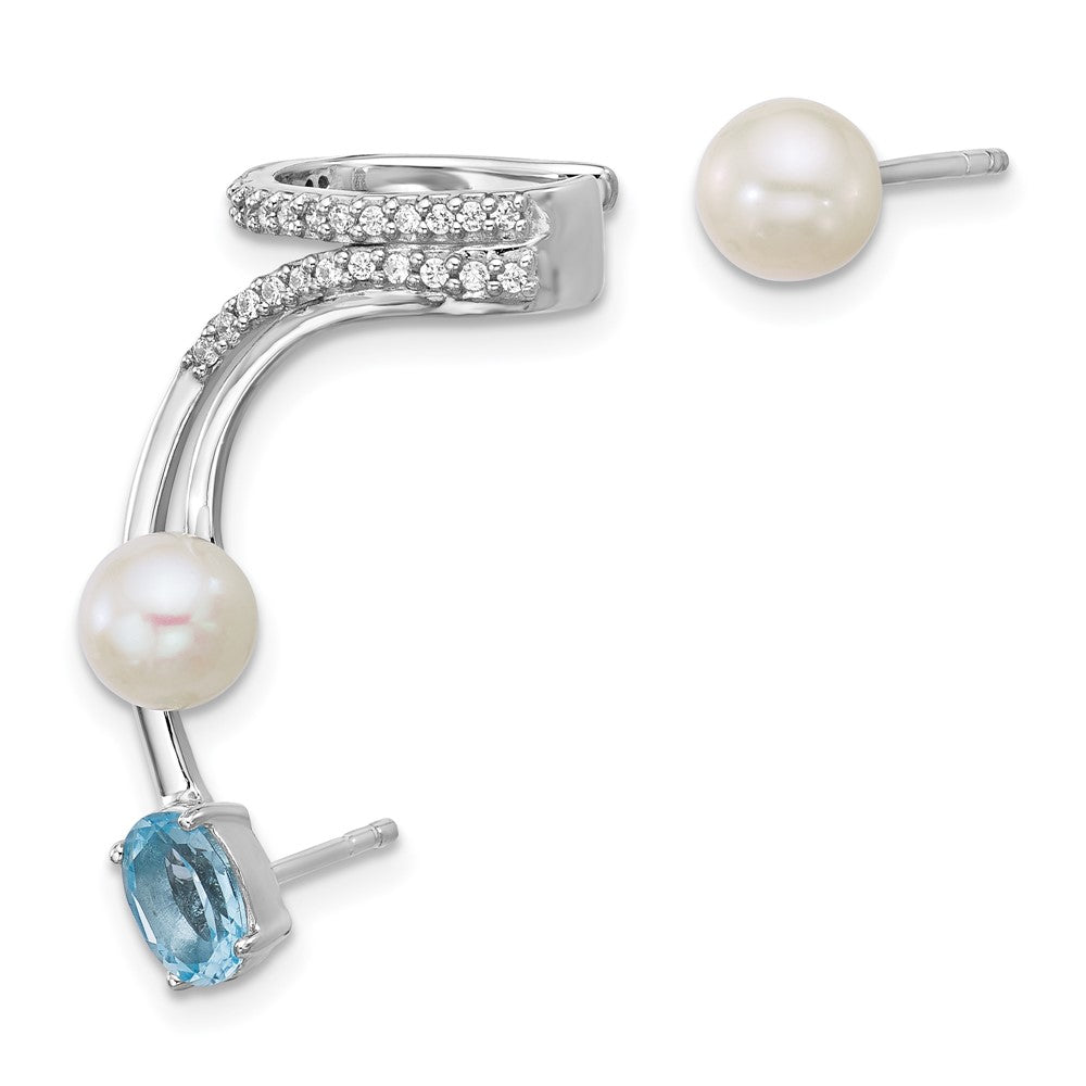 QE18336BT Sterling Silver Rhodium-plated CZ, White Freshwater Cultured Pearl and .58ct Oval Blue Topaz Post and Cuff Asymmetric Earrings