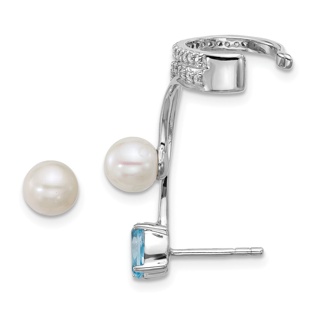 QE18336BT Sterling Silver Rhodium-plated CZ, White Freshwater Cultured Pearl and .58ct Oval Blue Topaz Post and Cuff Asymmetric Earrings