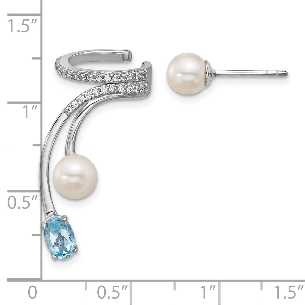 QE18336BT Sterling Silver Rhodium-plated CZ, White Freshwater Cultured Pearl and .58ct Oval Blue Topaz Post and Cuff Asymmetric Earrings
