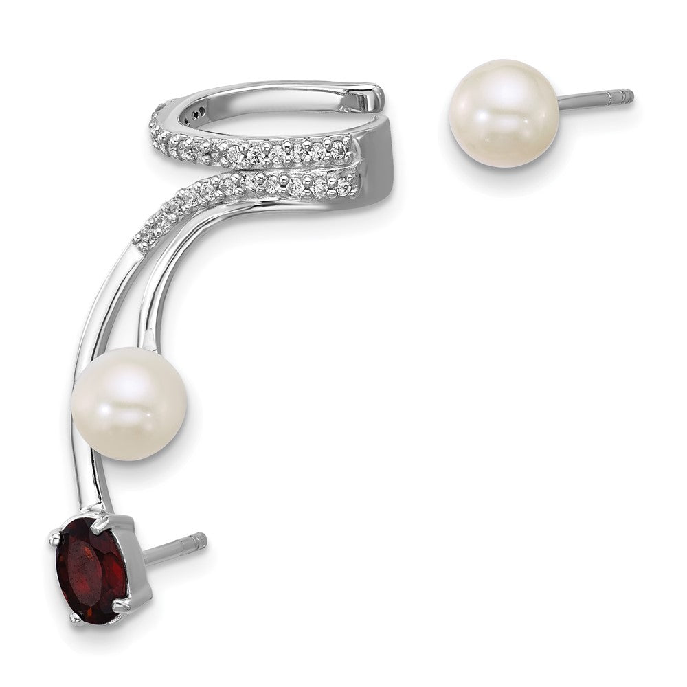 QE18336GA Sterling Silver Rhodium-plated CZ, White Freshwater Cultured Pearl and .57ct Oval Garnet Post and Cuff Asymmetric Earrings
