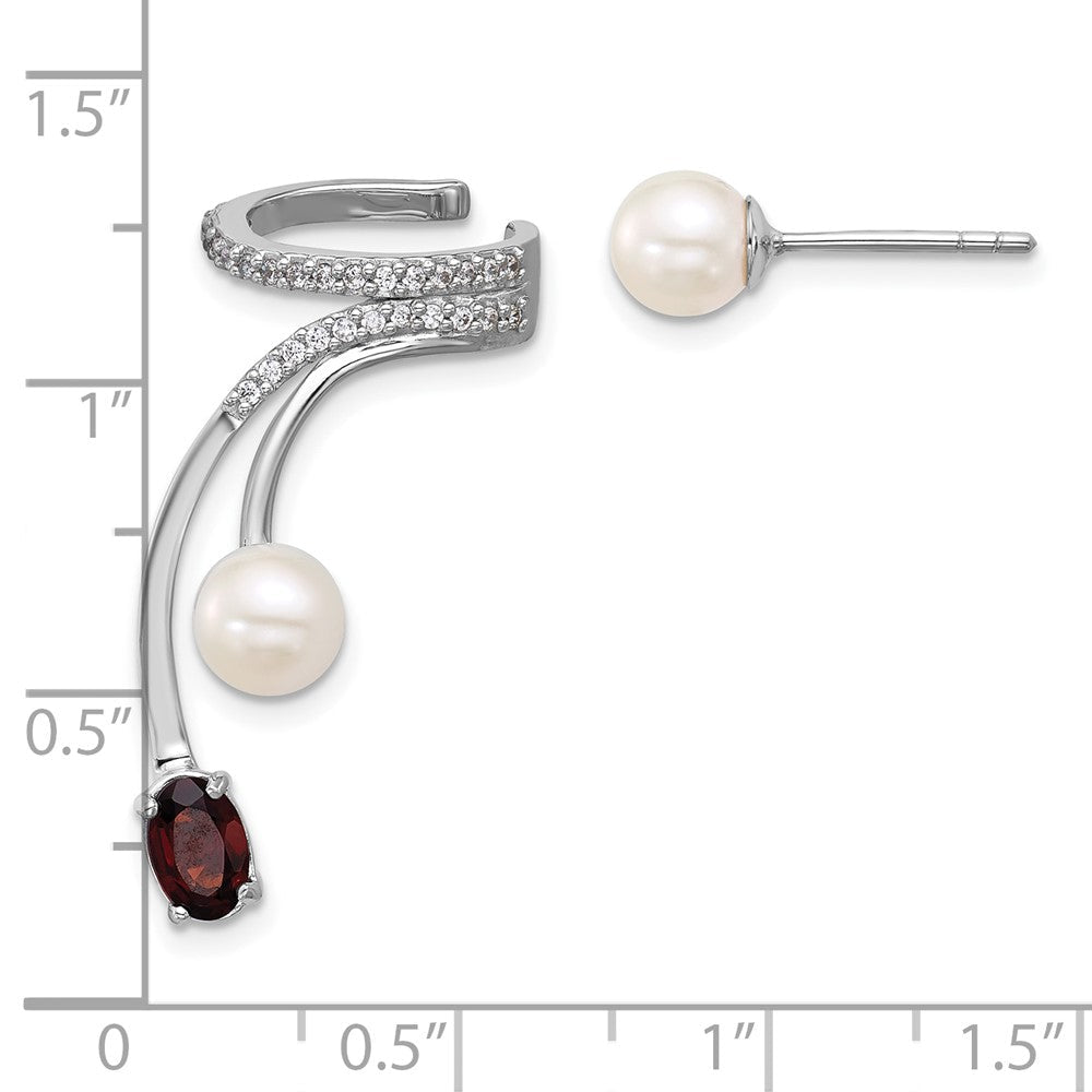QE18336GA Sterling Silver Rhodium-plated CZ, White Freshwater Cultured Pearl and .57ct Oval Garnet Post and Cuff Asymmetric Earrings