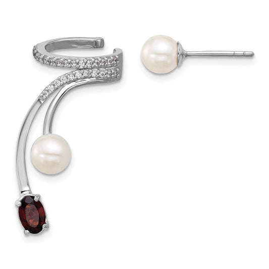 QE18336GA Sterling Silver Rhodium-plated CZ, White Freshwater Cultured Pearl and .57ct Oval Garnet Post and Cuff Asymmetric Earrings