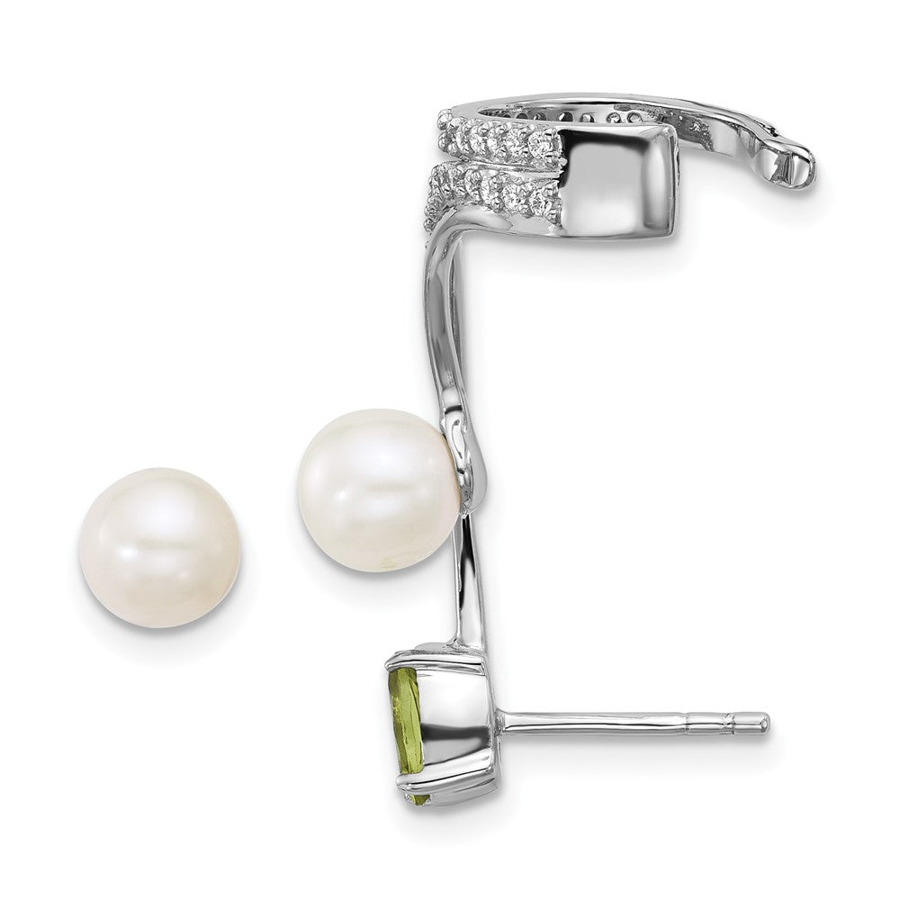 QE18336PE Sterling Silver Rhodium-plated CZ, White Freshwater Cultured Pearl and .49ct Oval Peridot Post and Cuff Asymmetric Earrings