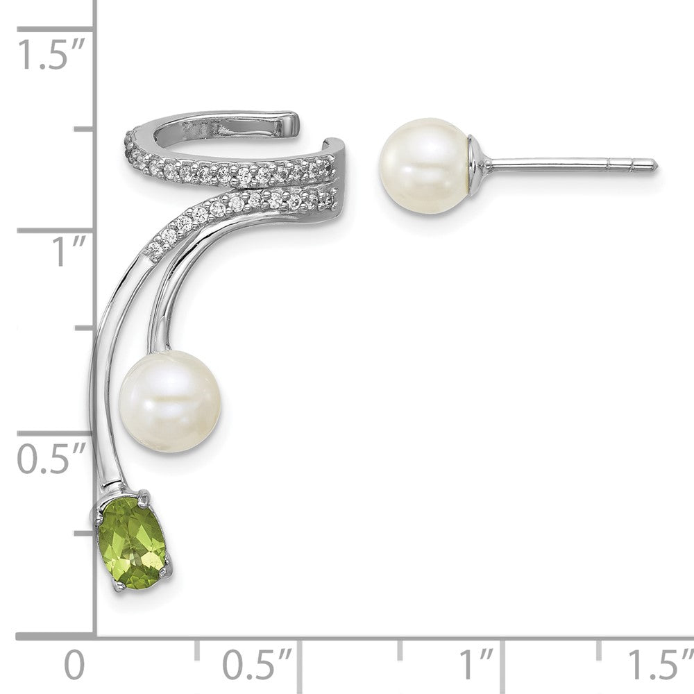 QE18336PE Sterling Silver Rhodium-plated CZ, White Freshwater Cultured Pearl and .49ct Oval Peridot Post and Cuff Asymmetric Earrings