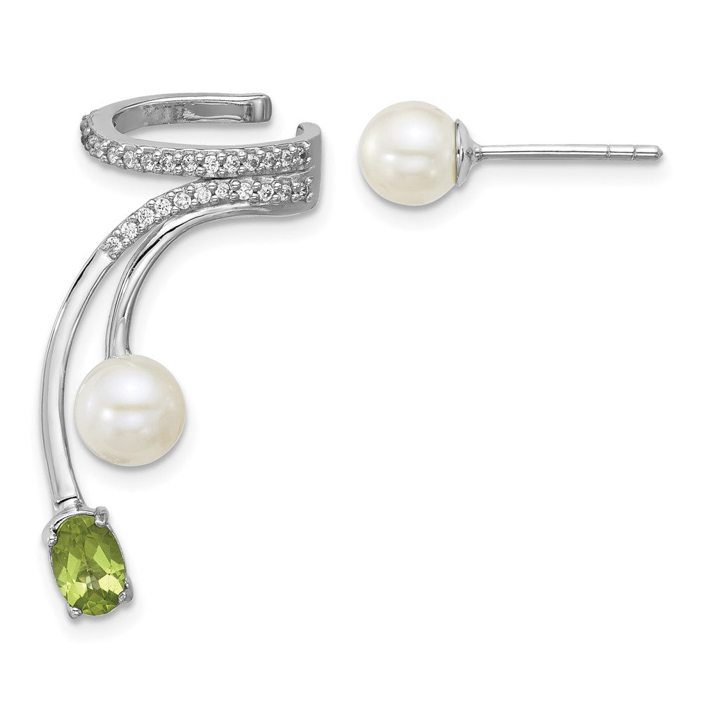 QE18336PE Sterling Silver Rhodium-plated CZ, White Freshwater Cultured Pearl and .49ct Oval Peridot Post and Cuff Asymmetric Earrings