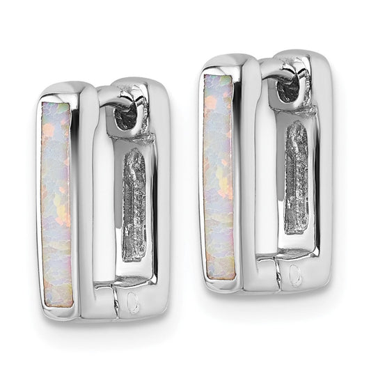 QE18338 Sterling Silver Rhodium-plated Polished Lab Created Opal Square Hinged Hoop Earrings