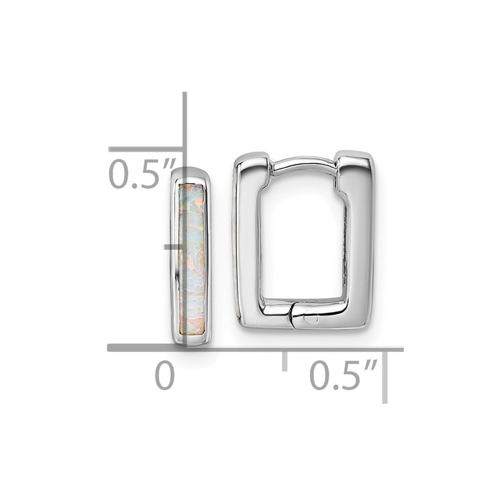 QE18338 Sterling Silver Rhodium-plated Polished Lab Created Opal Square Hinged Hoop Earrings