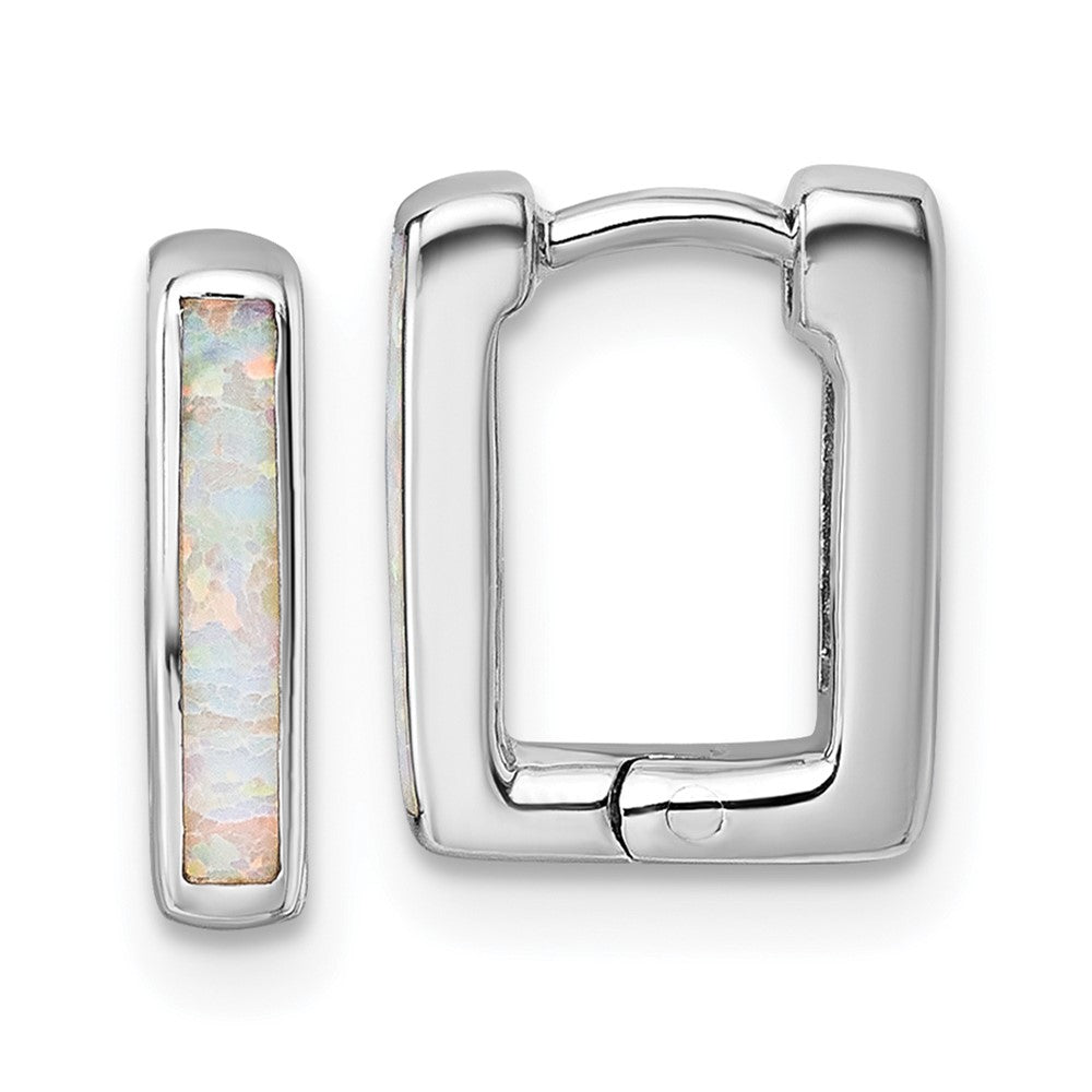 QE18338 Sterling Silver Rhodium-plated Polished Lab Created Opal Square Hinged Hoop Earrings