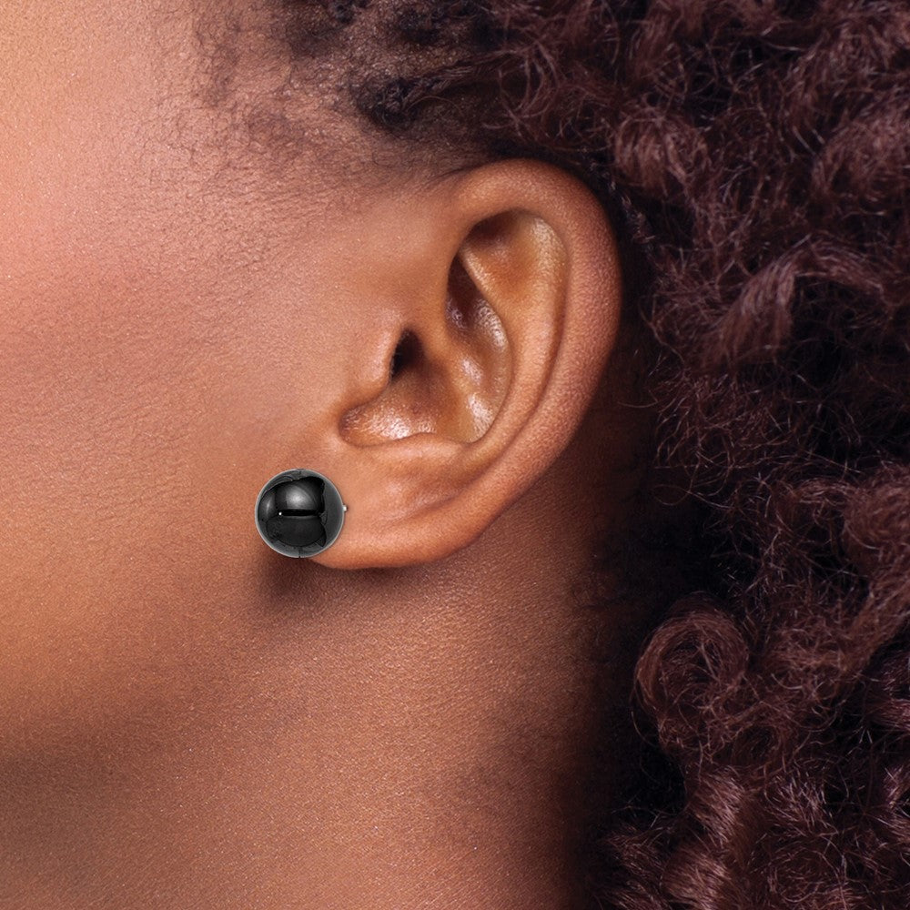 QE6338 Sterling Silver Rhod-pltd 12-12.5mm Black Agate Ball Post Earrings