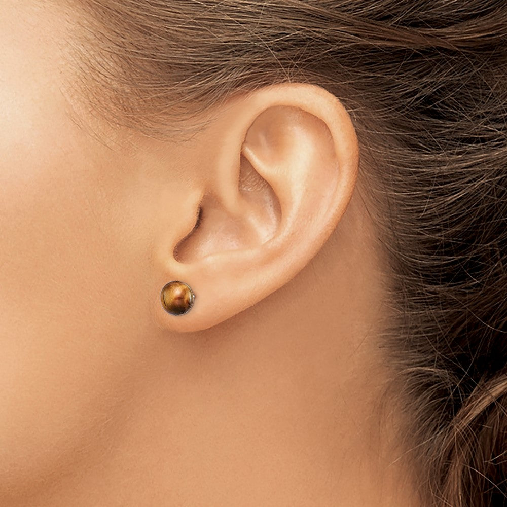 QE6432 Sterling Silver Rhod-pltd 8-8.5mm Tiger's Eye Button Post Earrings