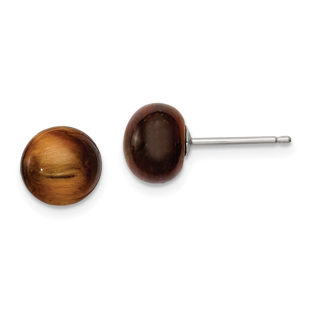 QE6432 Sterling Silver Rhod-pltd 8-8.5mm Tiger's Eye Button Post Earrings