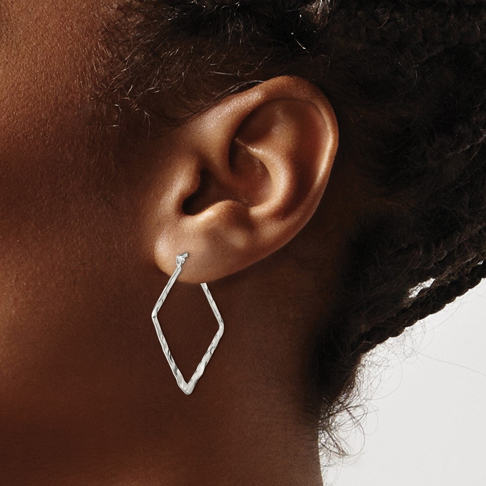 QE6798 Sterling Silver Rhod-pltd Polished/Hammered Square Hoop Earrings