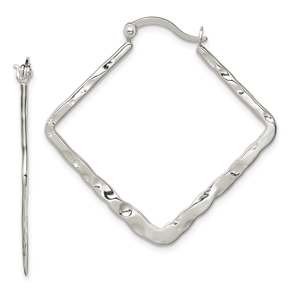 QE6798 Sterling Silver Rhod-pltd Polished/Hammered Square Hoop Earrings