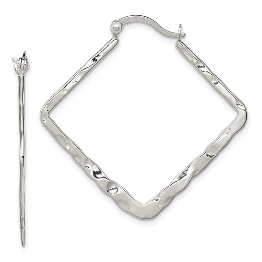 QE6798 Sterling Silver Rhod-pltd Polished/Hammered Square Hoop Earrings