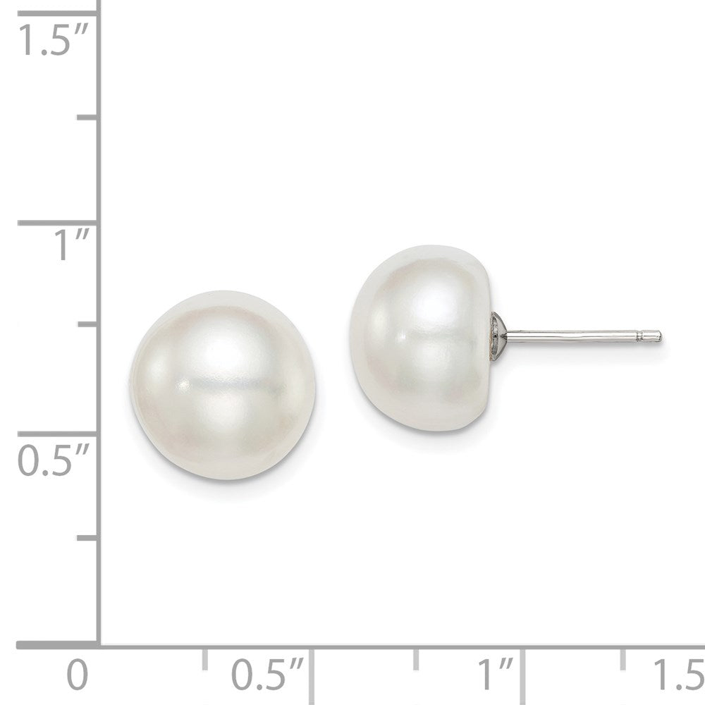QE7645 Sterling Silver Rhodium-plated 11-12mm White Button Freshwater Cultured Pearl Post Earrings