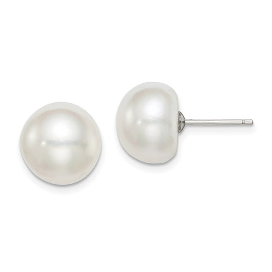 QE7645 Sterling Silver Rhodium-plated 11-12mm White Button Freshwater Cultured Pearl Post Earrings