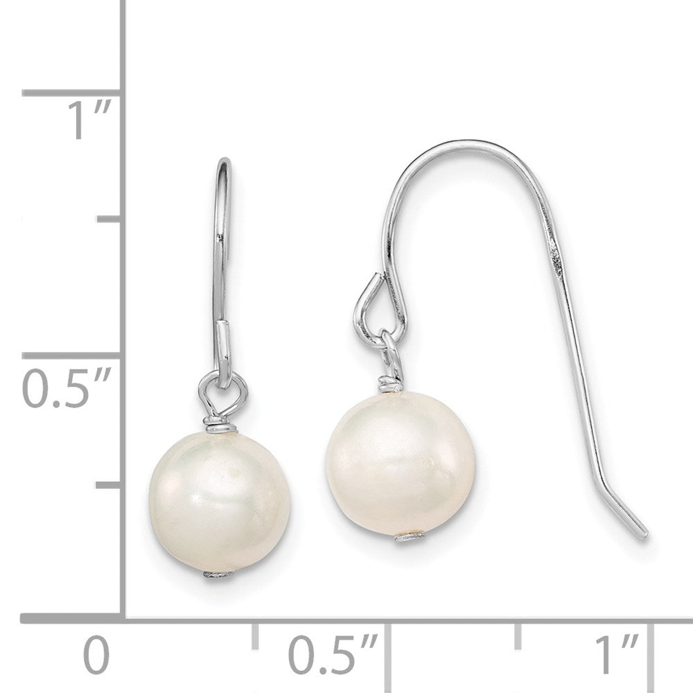 QE7655 Sterling Silver Rhodium-plated 7-8mm White Semi-Round Freshwater Cultured Pearl Dangle Earrings