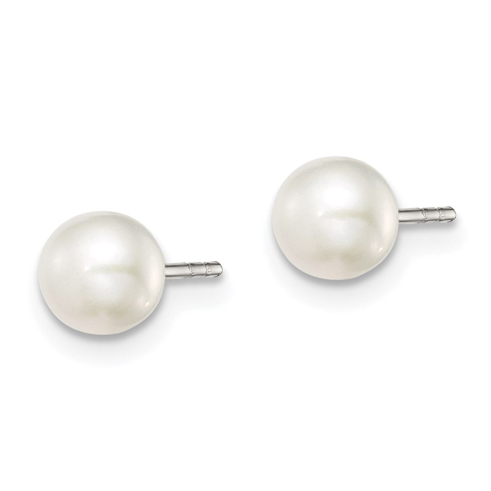 QE7666 Sterling Silver Rhodium-plated 5-6mm White Button Freshwater Cultured Pearl Post Earrings