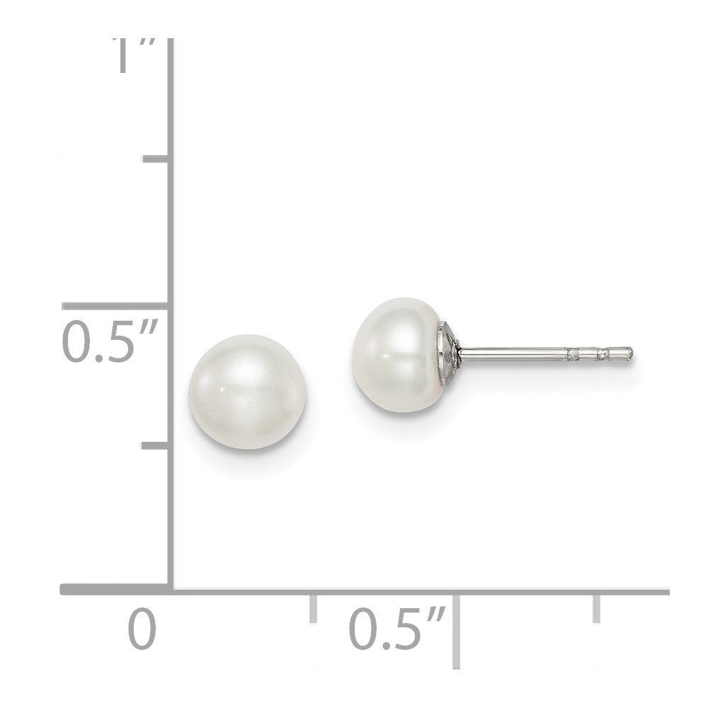 QE7666 Sterling Silver Rhodium-plated 5-6mm White Button Freshwater Cultured Pearl Post Earrings