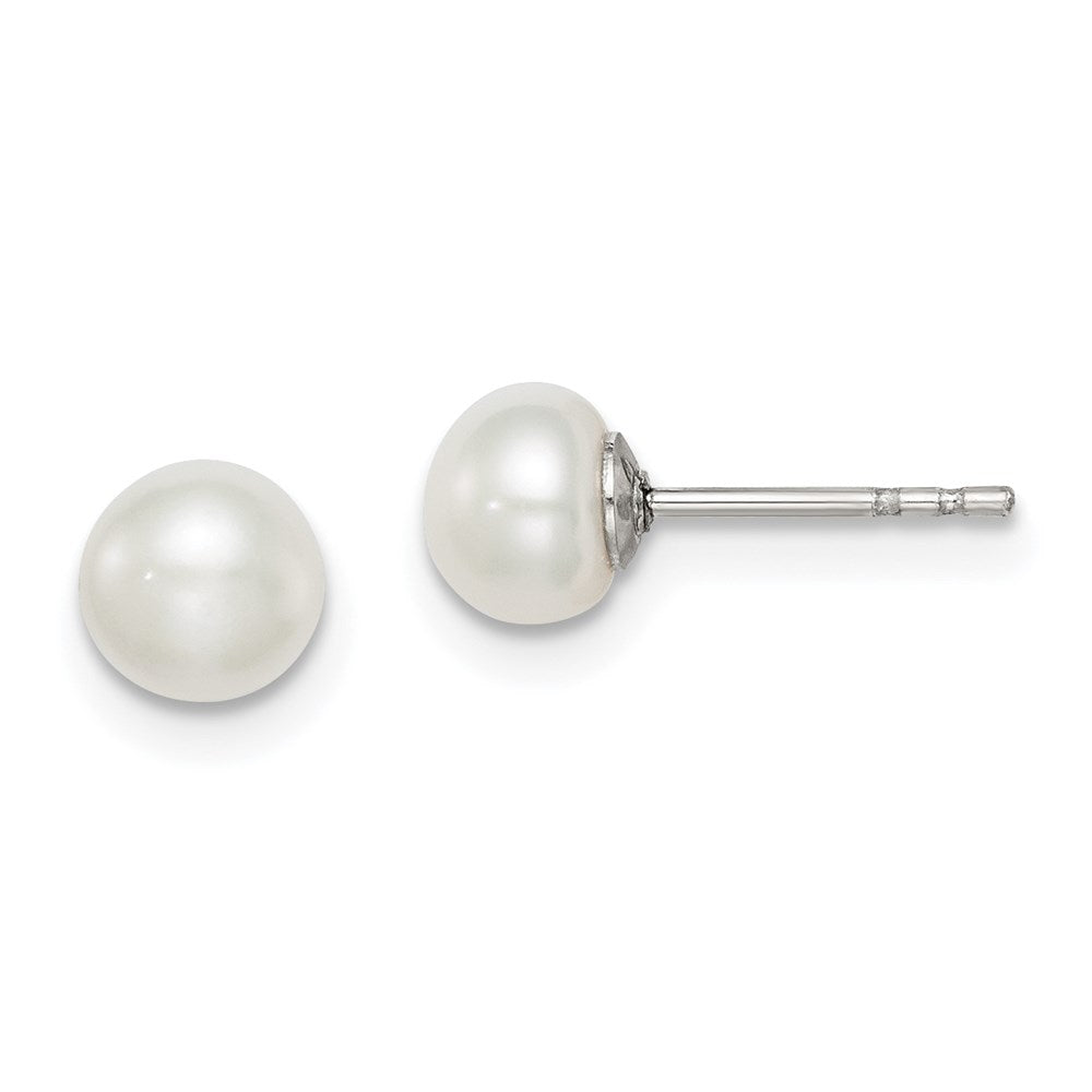 QE7666 Sterling Silver Rhodium-plated 5-6mm White Button Freshwater Cultured Pearl Post Earrings