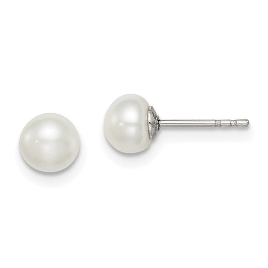 QE7666 Sterling Silver Rhodium-plated 5-6mm White Button Freshwater Cultured Pearl Post Earrings
