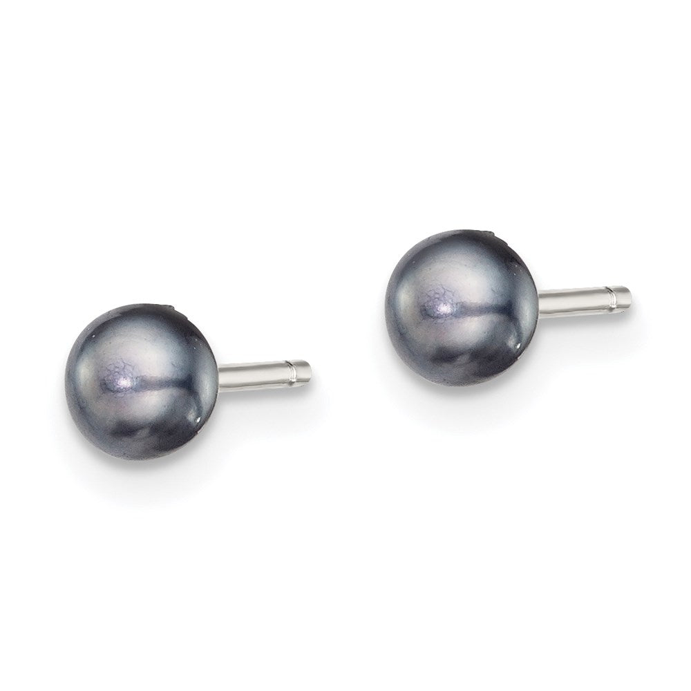 QE7668 Sterling Silver Rhodium-plated 4-5mm Black Button Freshwater Cultured Pearl Post Earrings