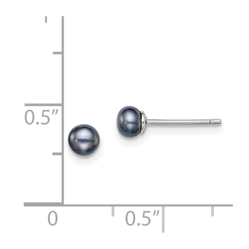 QE7668 Sterling Silver Rhodium-plated 4-5mm Black Button Freshwater Cultured Pearl Post Earrings
