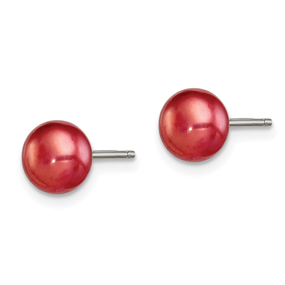 QE7798 Sterling Silver Rhod-pltd Red 6-7mm Button FWC Pearl Post Earrings