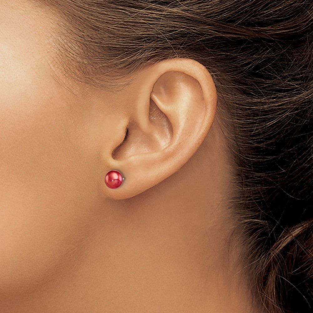 QE7798 Sterling Silver Rhod-pltd Red 6-7mm Button FWC Pearl Post Earrings