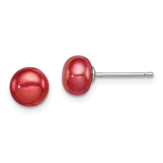 QE7798 Sterling Silver Rhod-pltd Red 6-7mm Button FWC Pearl Post Earrings