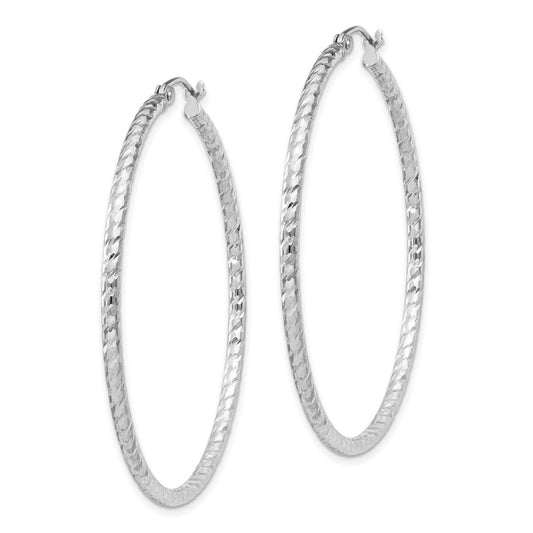 QE8080 Sterling Silver Rhodium Plated Diamond-cut 2x45mm Hoop Earrings