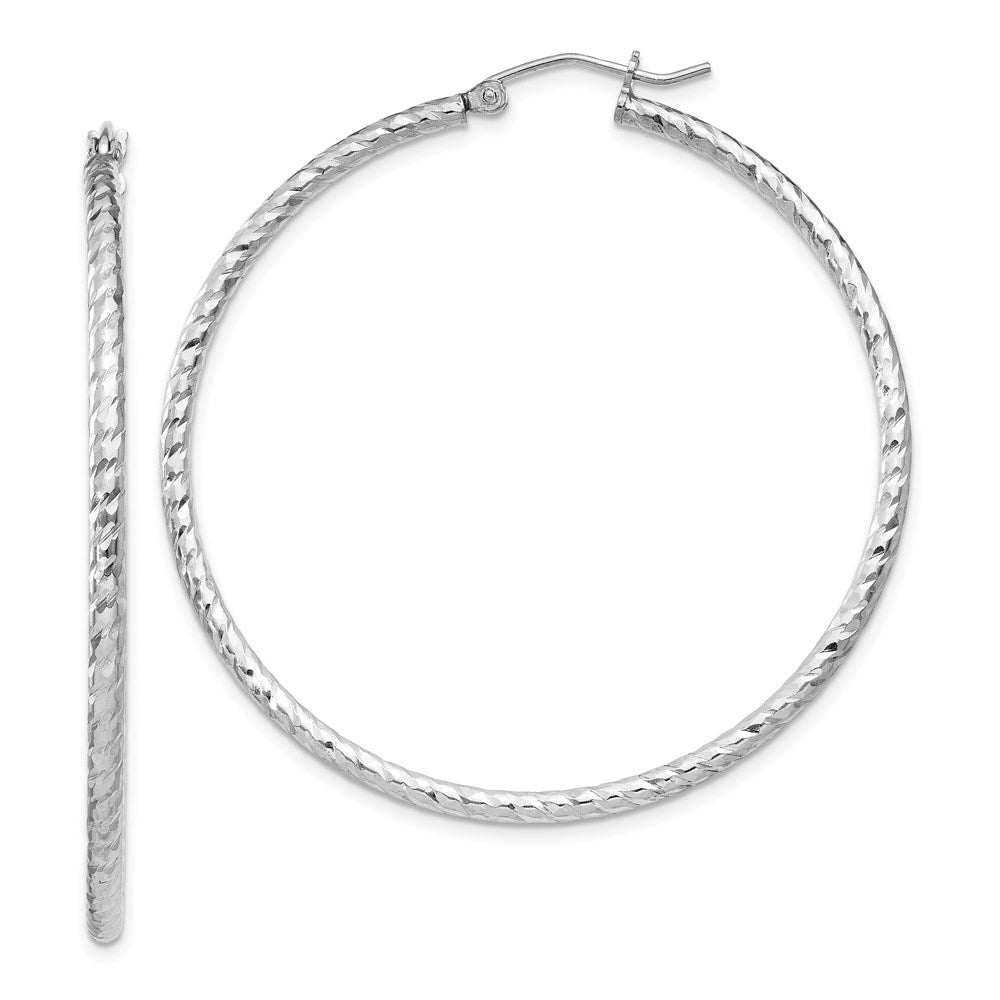 QE8080 Sterling Silver Rhodium Plated Diamond-cut 2x45mm Hoop Earrings