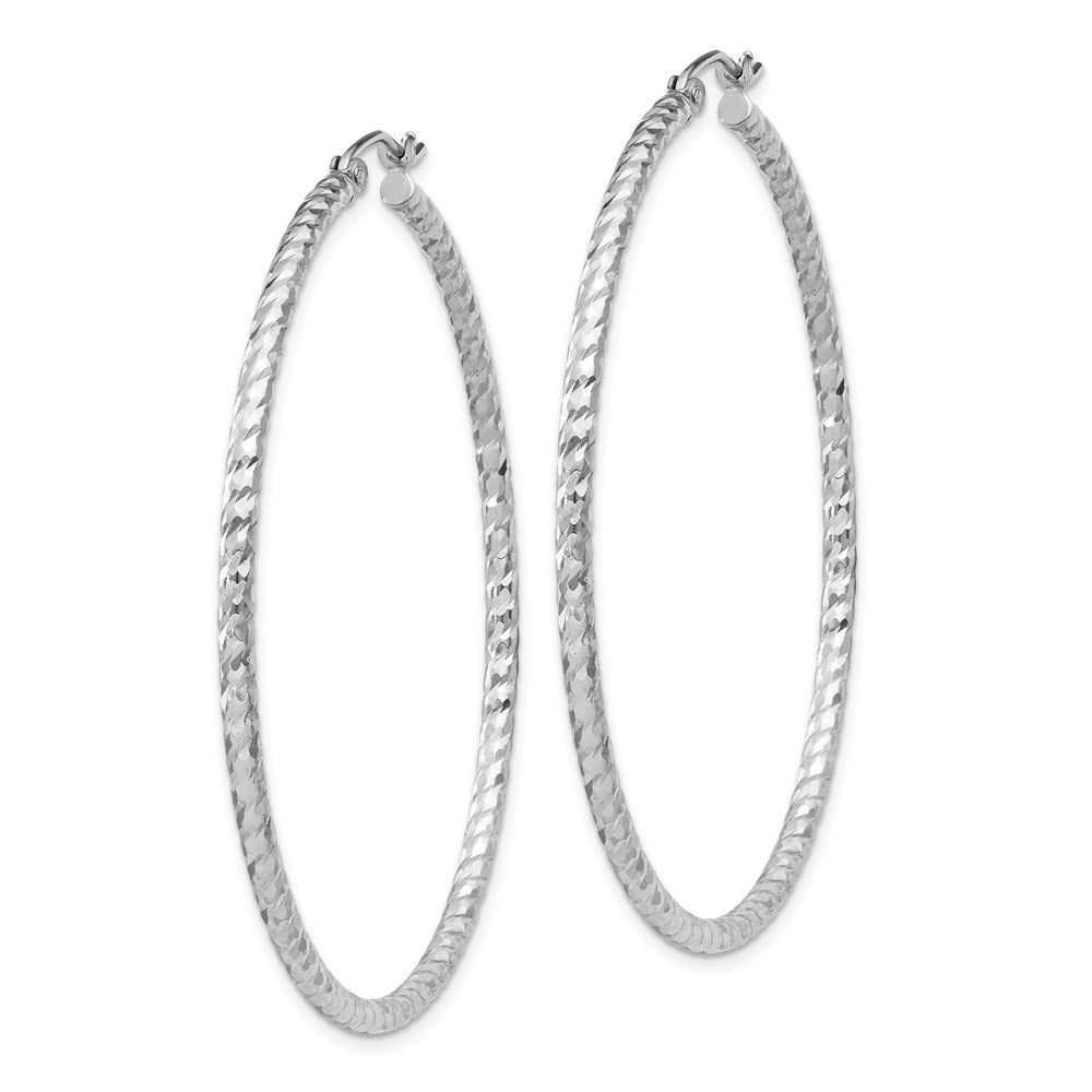 QE8081 Sterling Silver Rhodium Plated Diamond-cut 2x50mm Hoop Earrings