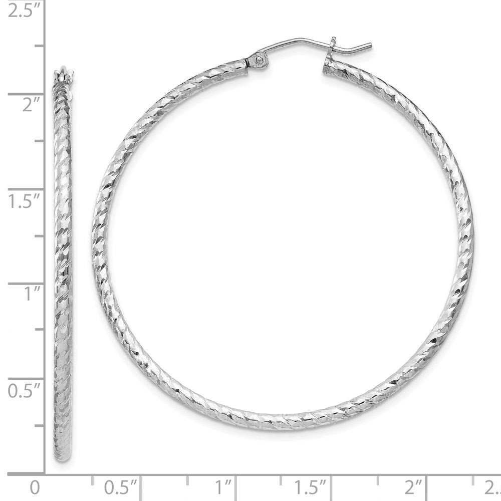 QE8081 Sterling Silver Rhodium Plated Diamond-cut 2x50mm Hoop Earrings