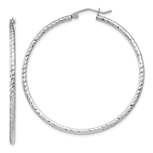 QE8081 Sterling Silver Rhodium Plated Diamond-cut 2x50mm Hoop Earrings