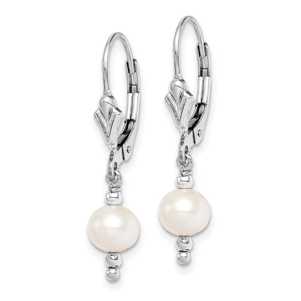 QE9347 Sterling Silver Rhodium-plated 6-7mm White Semi-Round Freshwater Cultured Pearl Leverback Dangle Earrings