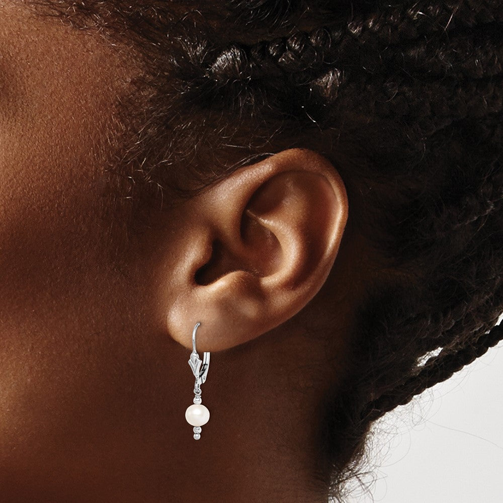 QE9347 Sterling Silver Rhodium-plated 6-7mm White Semi-Round Freshwater Cultured Pearl Leverback Dangle Earrings